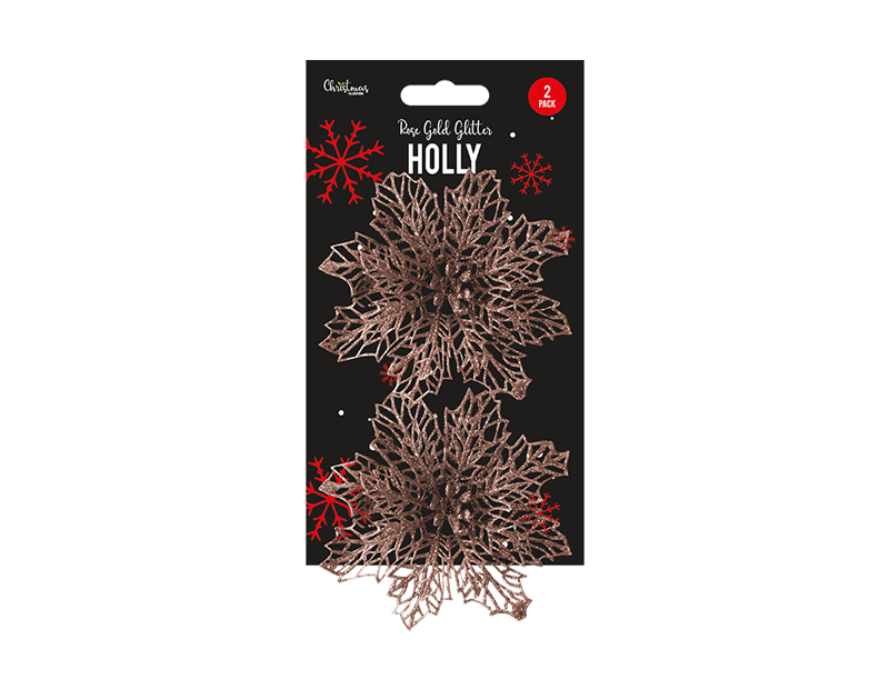 Rose Gold Holly Decoration 12cm - 2 Pack