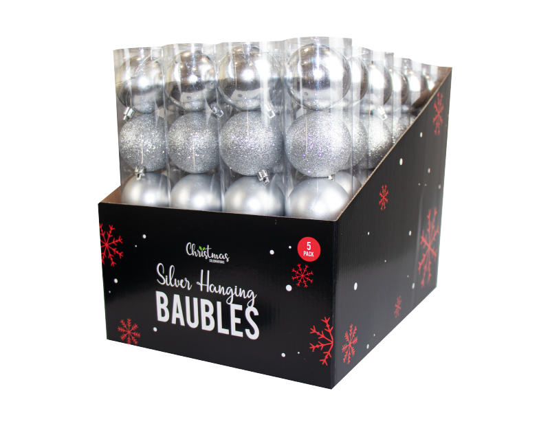 Silver Baubles 6cm - 5 Pack (With PDQ)