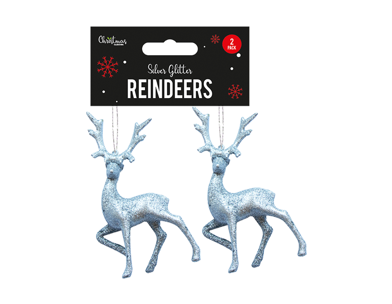 Silver Glitter Reindeer Decorations - 2 Pack