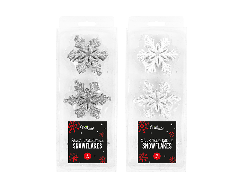 Silver & White Glittered Christmas Snowflakes - 9 Pack