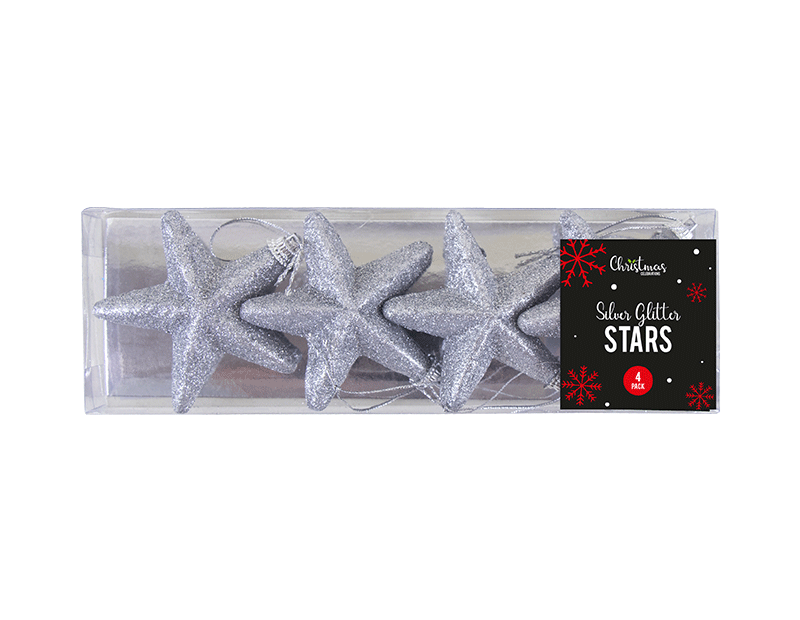 Silver Glittered Star Christmas Tree Decorations - 4 Pack