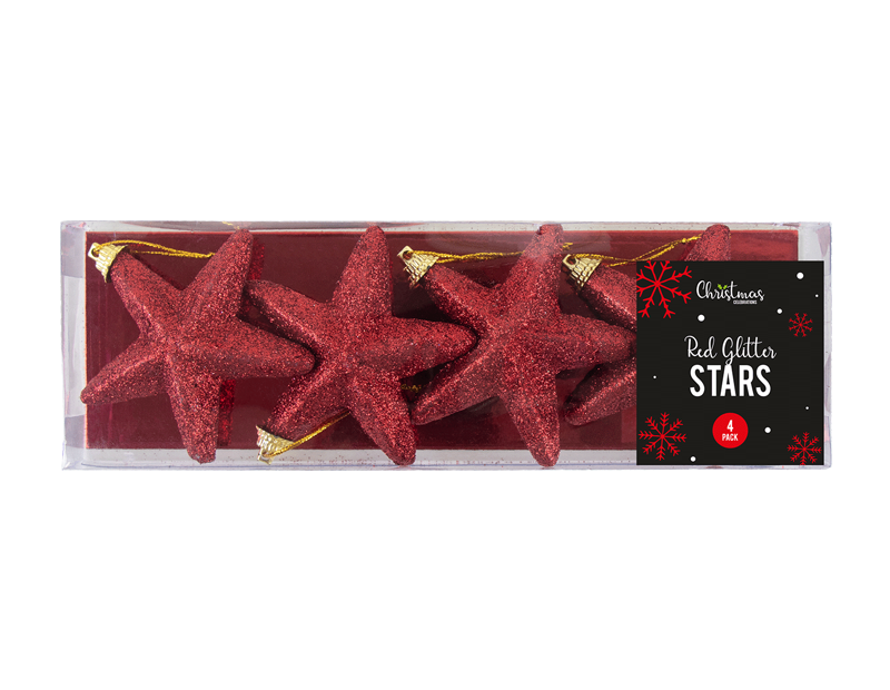 Red Glittered Star Christmas Tree Decorations - 4 Pack