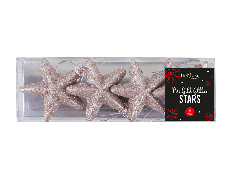 Rose Gold Glittered Star Christmas Tree Decorations - 4 Pack