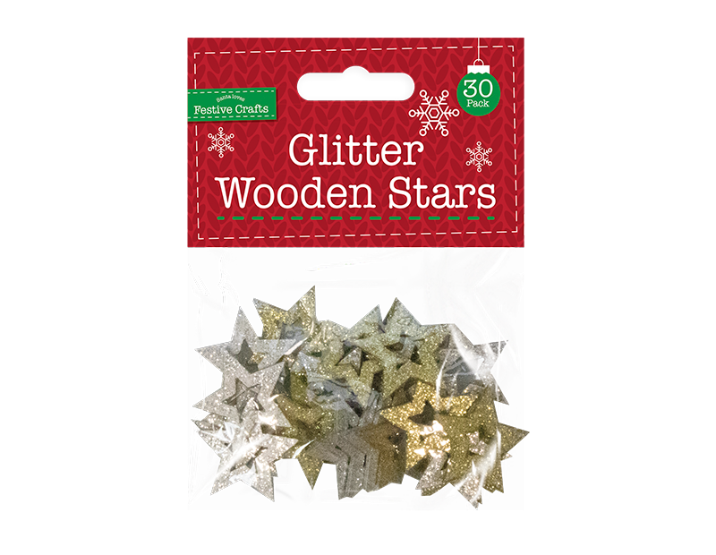 Glitter Wooden Star Embellishments 30 Pack