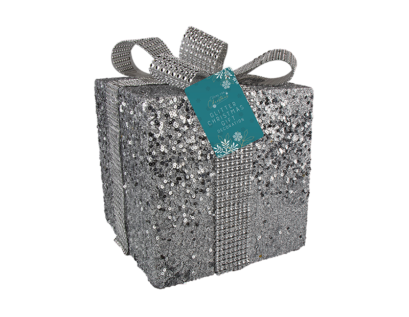 Medium Glitter Gift Box Decoration 11x11cm