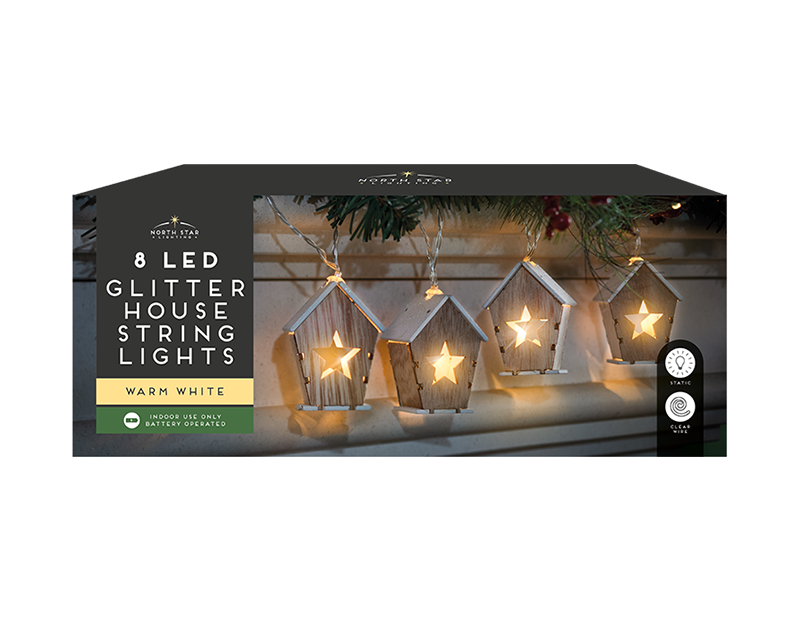 8 LED Wooden Glitter House String Lights 1.4M