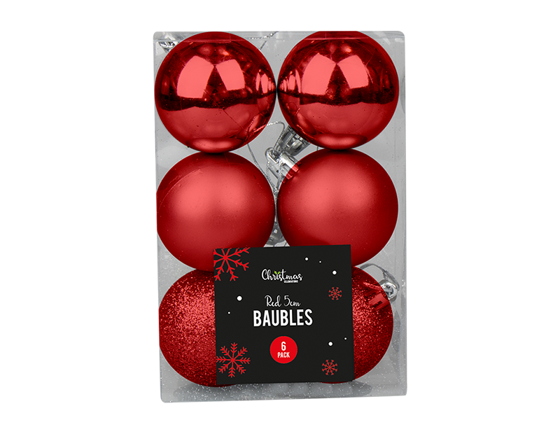Red Assorted Baubles 5cm Dia - 6pk