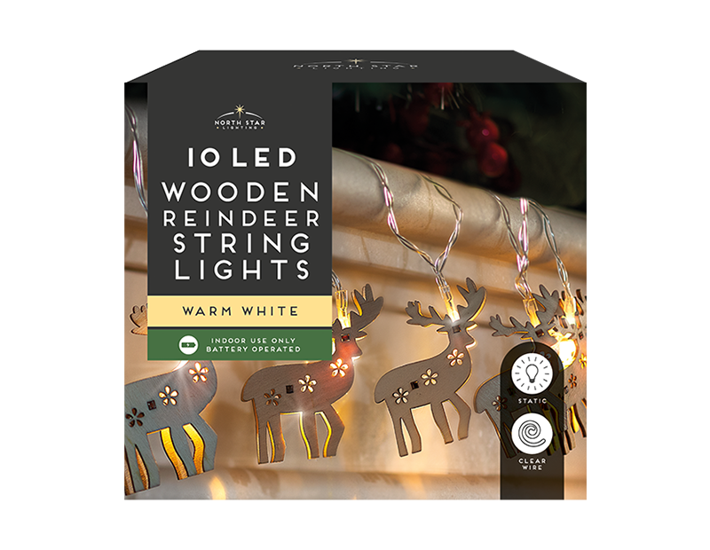 10 LED Wooden Reindeer String Lights 1.65M
