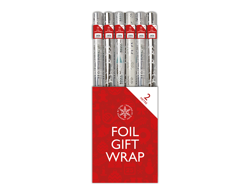 Wholesale Xmas Foil roll wrap 2m silver PDQ
